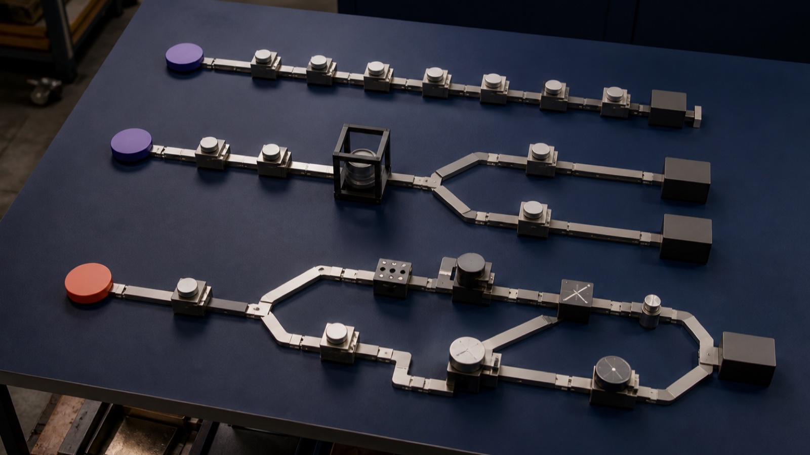 Three physical process lanes show a fixed sequence, a sensor-guided branch, and a flexible network of possible routes