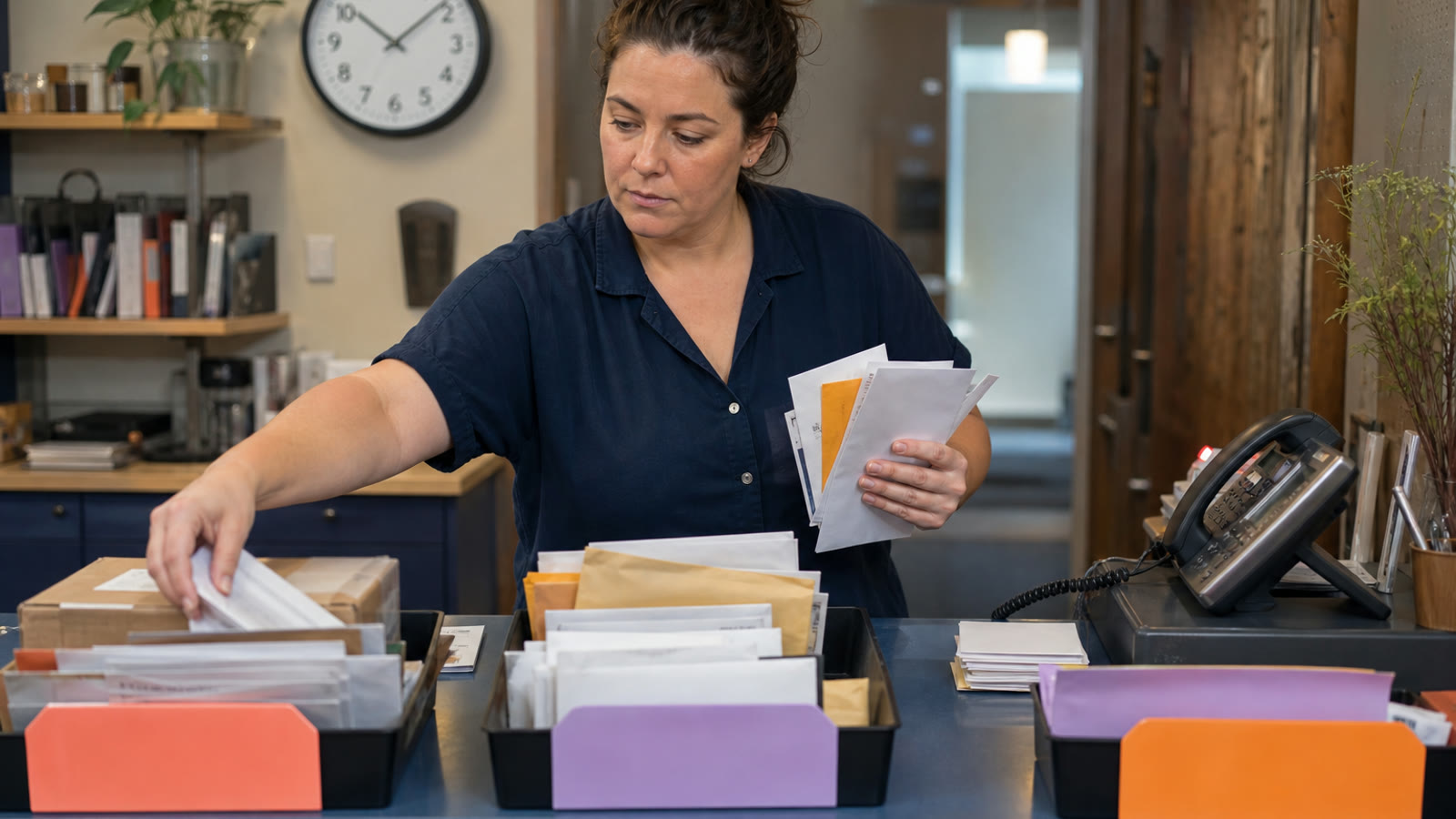 A coordinator sorting incoming requests into urgent, routine, and human-review trays