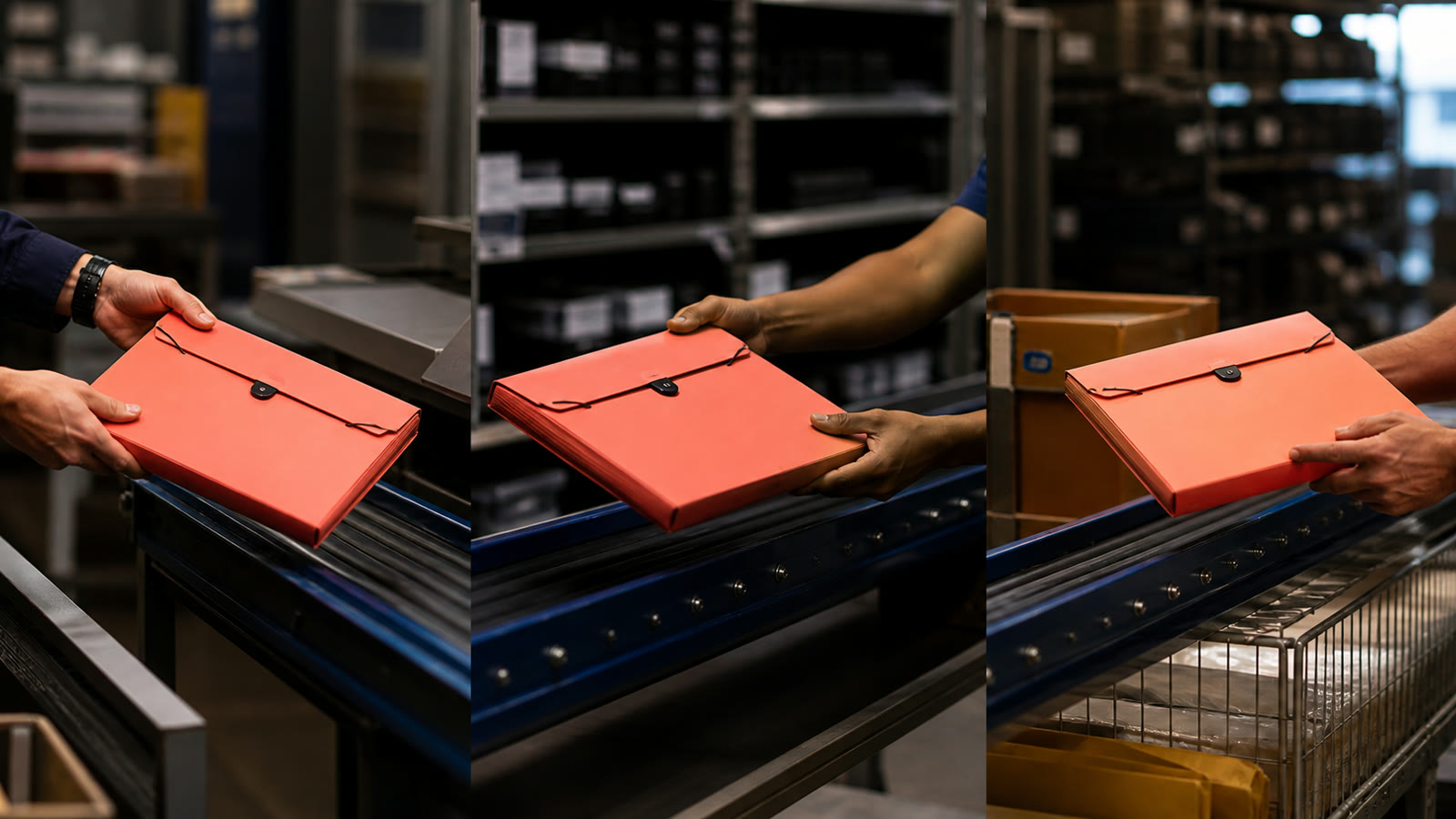 Hands passing a coral document case through connected intake, scheduling, and fulfillment stations