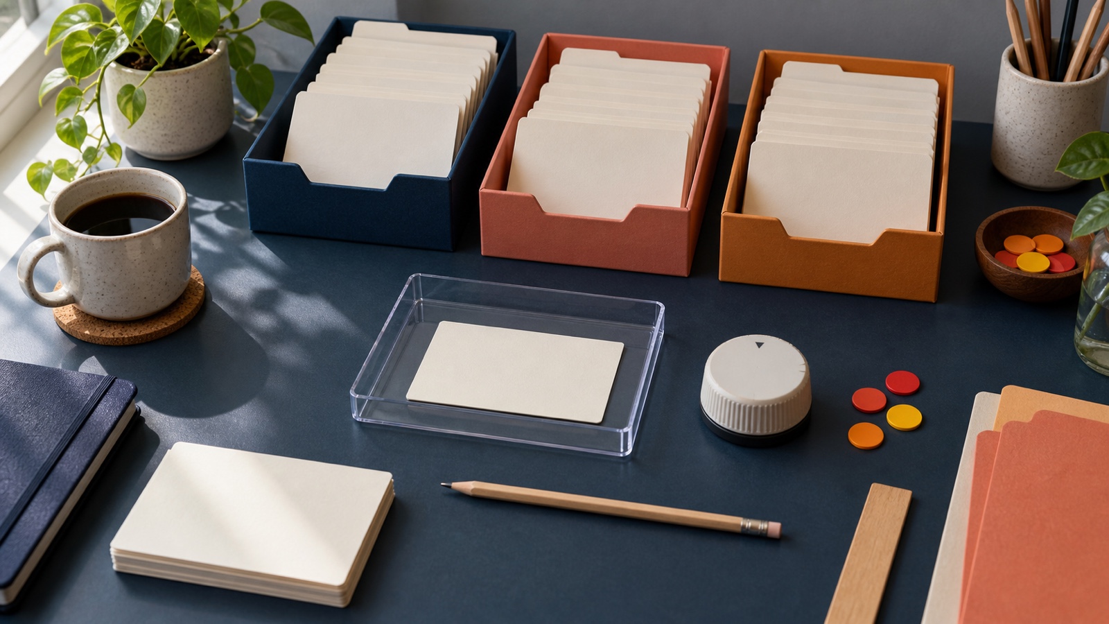 Unprinted work cards on a planning table with one card selected into a clear pilot tray