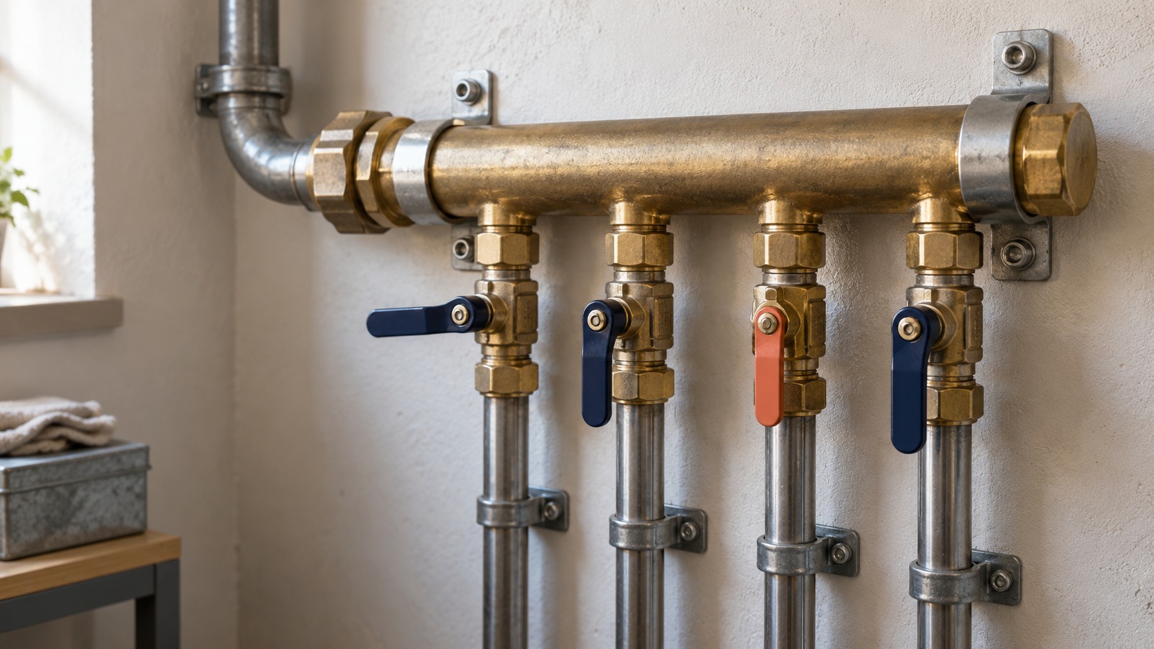 A wall-mounted brass manifold with four individually controlled steel branch pipes and navy and coral valve handles