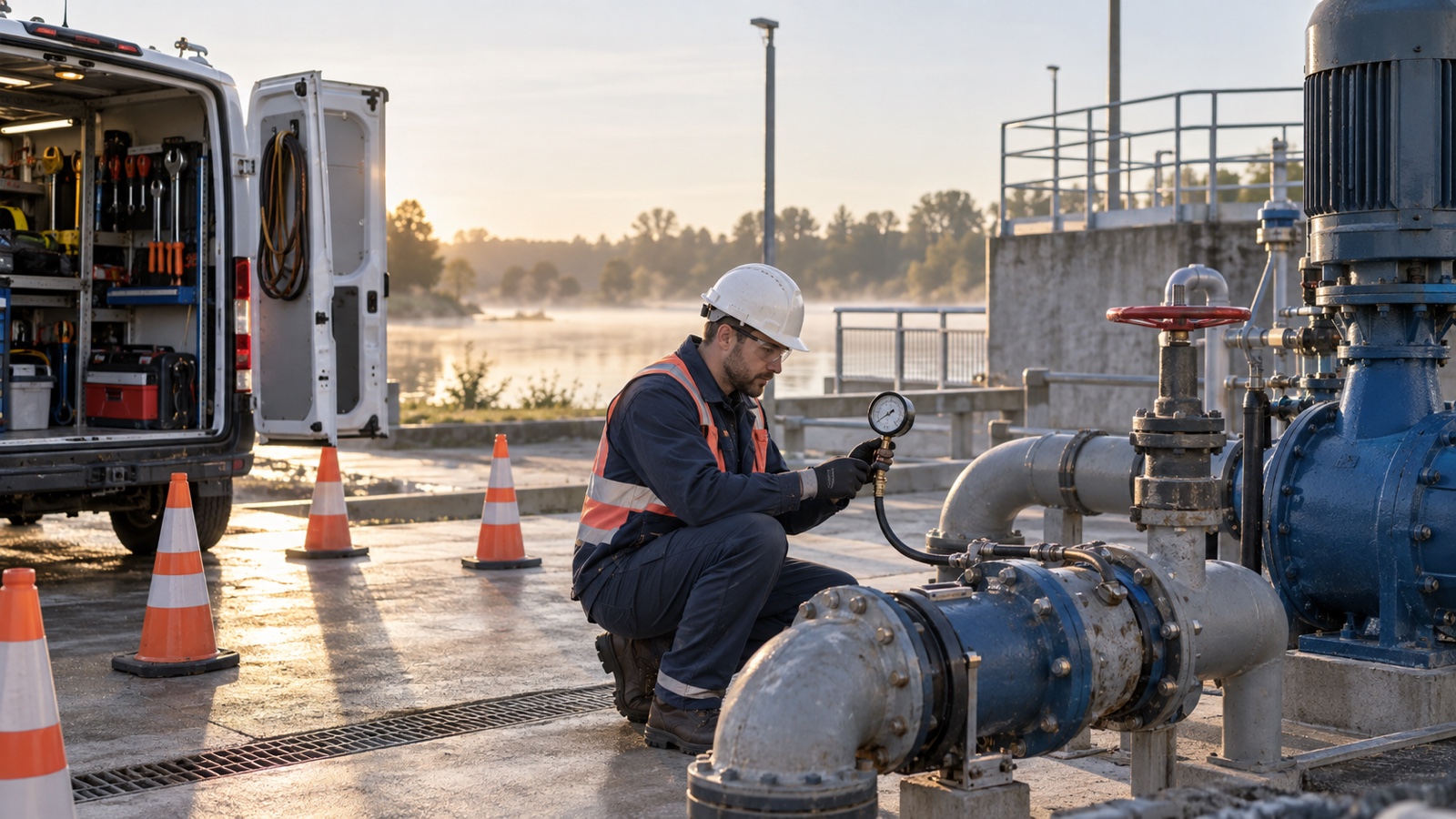 A field-service technician performs a controlled equipment test beside an open service van at an active utility site