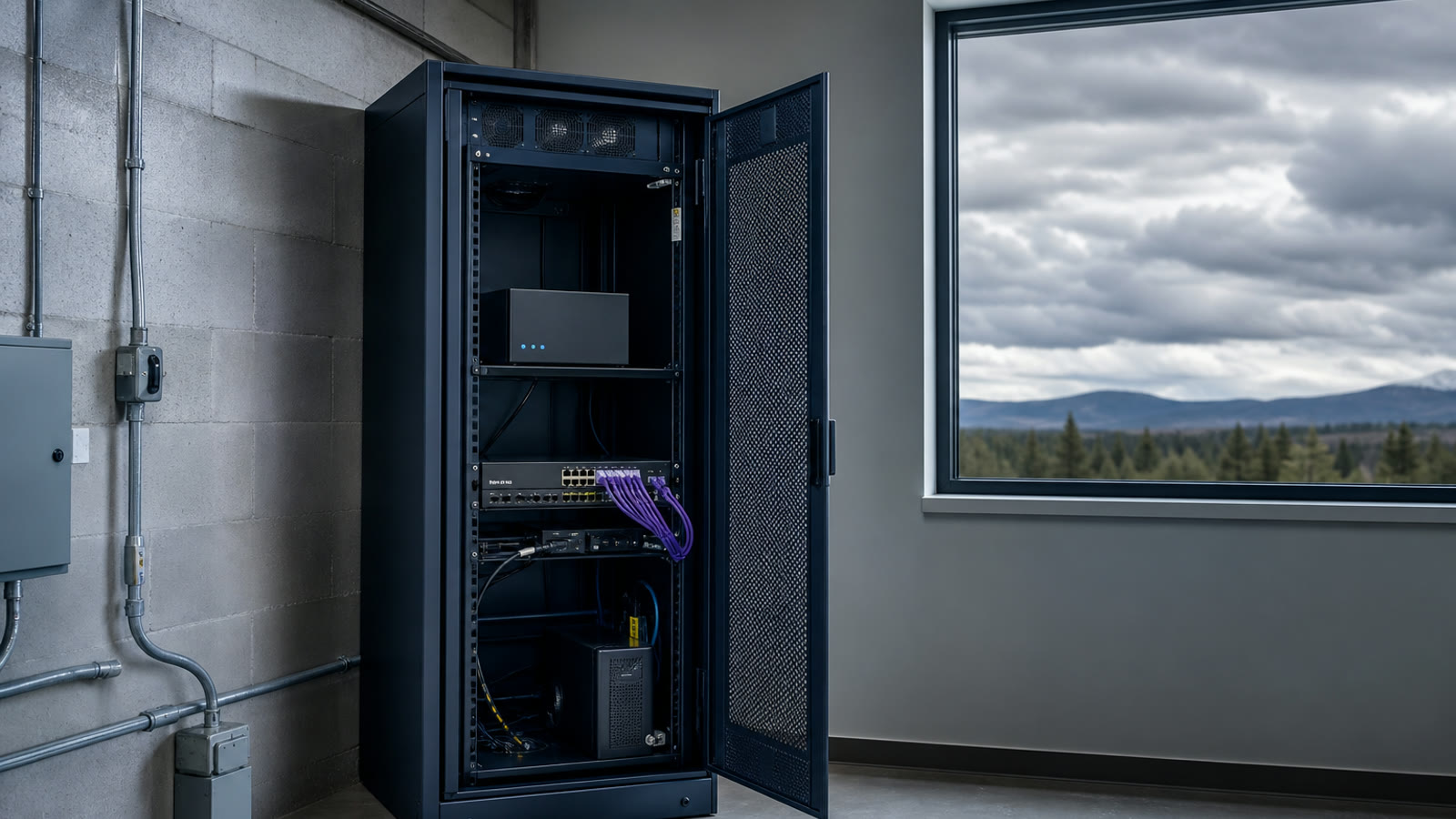 Compact local computing and network equipment beside a window overlooking a distant landscape
