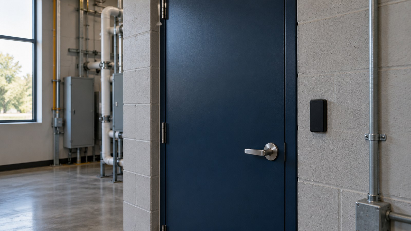 A closed navy utility-room door with a stainless lever and a black wall-mounted badge reader beside exposed pipes and conduit