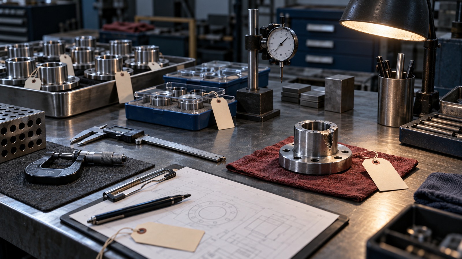 Evidence tags, measuring instruments, sealed sample trays, and an inspection lamp arranged on an industrial inspection bench