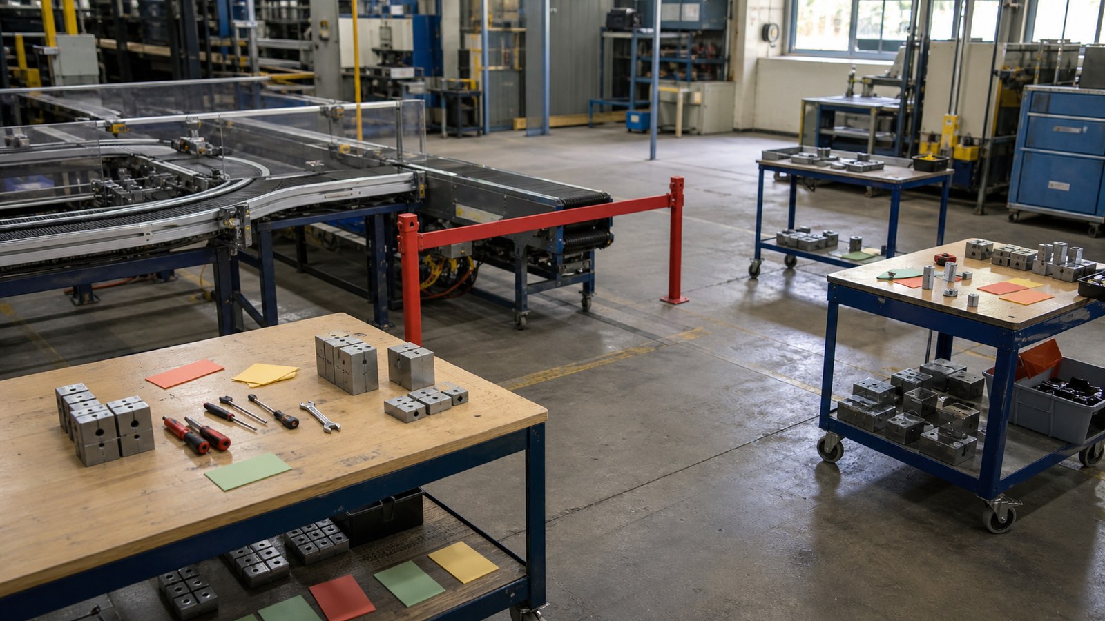 An empty manufacturing cell with a conveyor section isolated behind a red barrier while workstations and tools are being rearranged