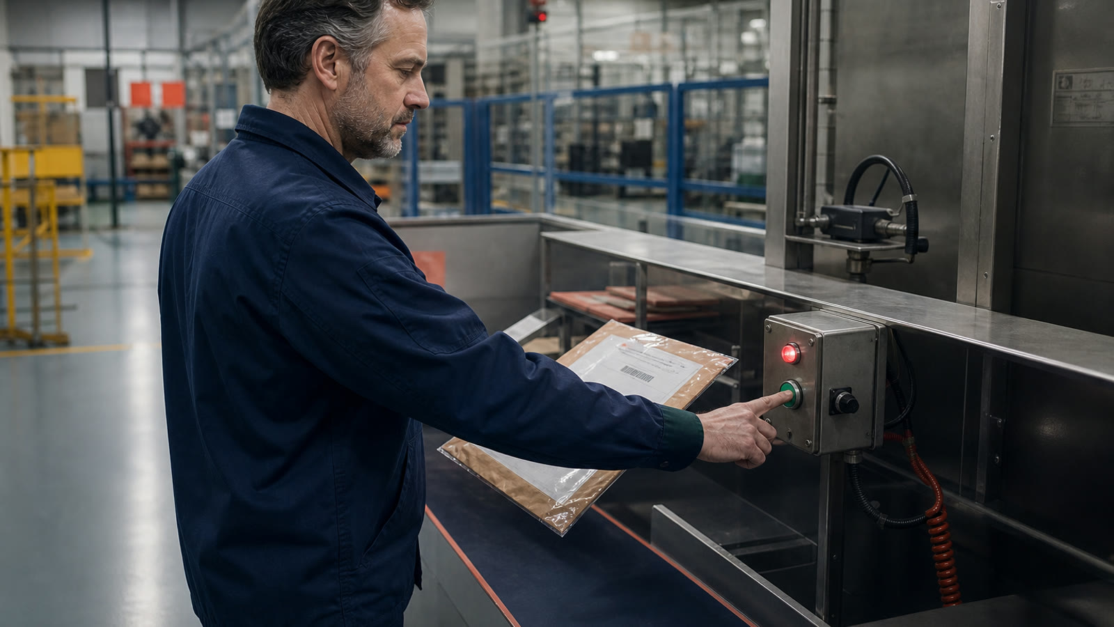 An operations manager verifying a document packet at a physical approval checkpoint