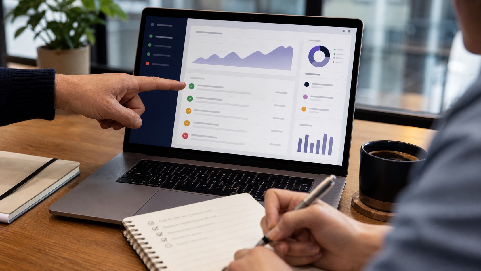 Two professionals reviewing system health, exceptions, and maintenance priorities