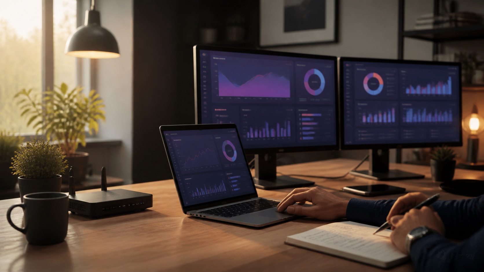 An organized operations workspace with private network hardware and decision dashboards